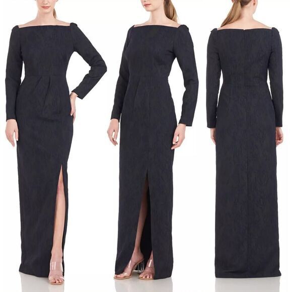 New! Kay Unger  Jude‎ Jacquard Column Gown in black and navy, size 14 - Picture 1 of 16